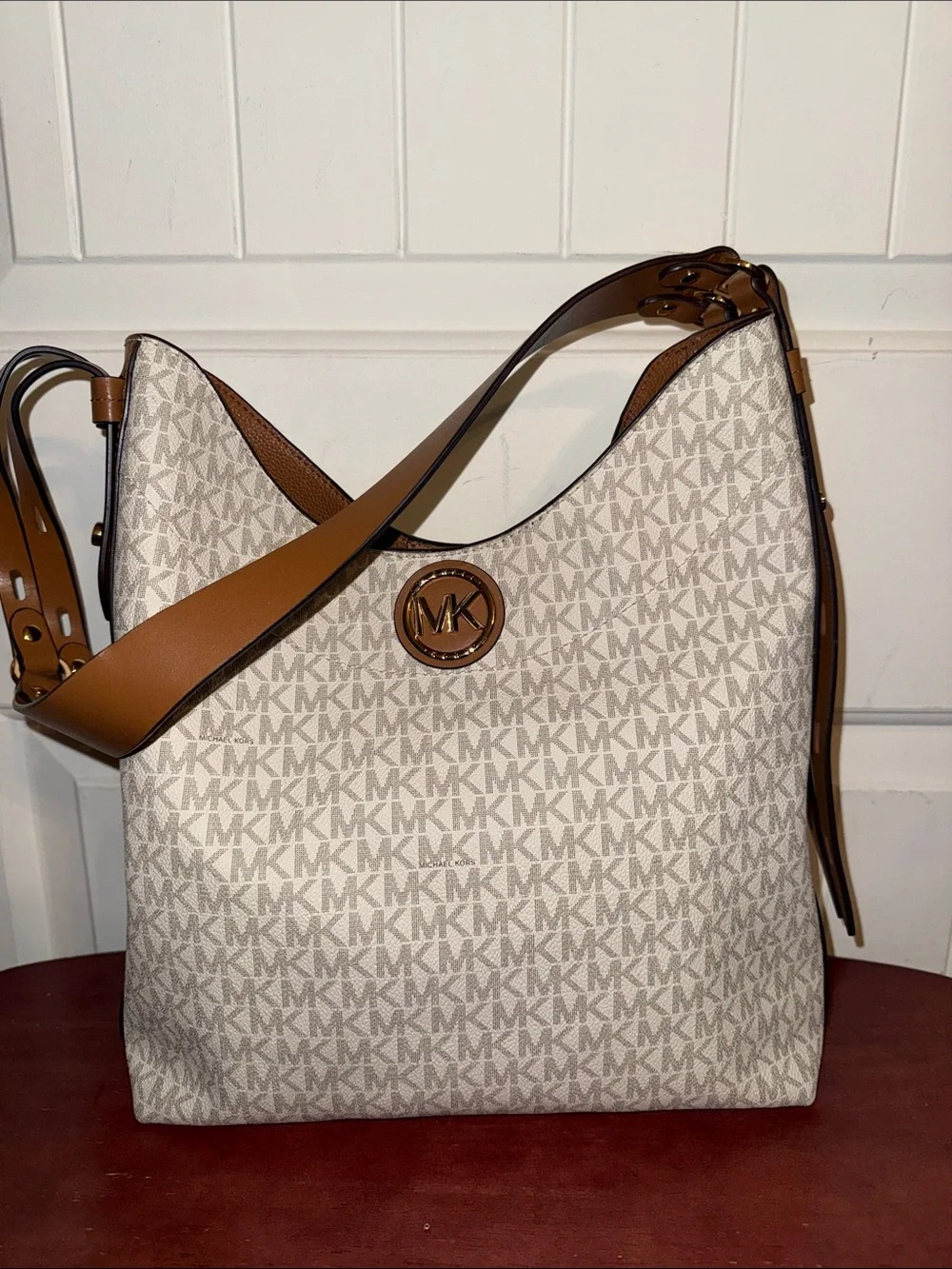 Michael Kors Signature MK Logo Canvas Shoulder Bag in Beige and Tan